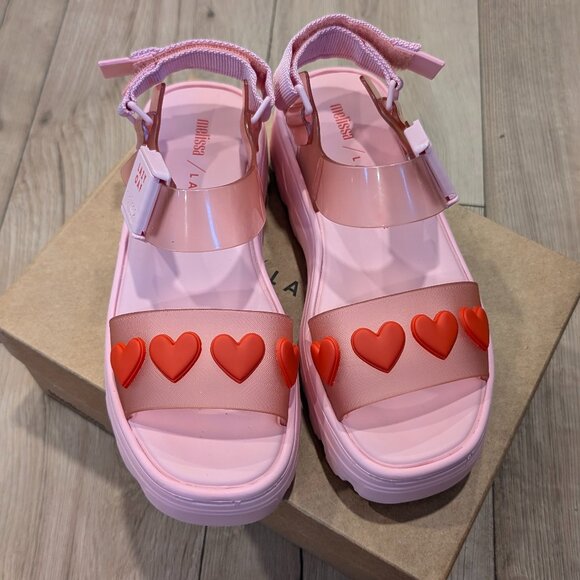 Melissa X Lazy Oaf Women's Kick Off Sandals Pink Heart - Picture 1 of 2